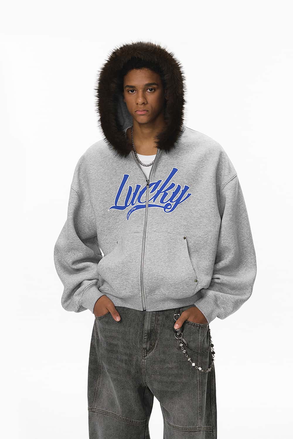 Faux-Fur Trim Boxy Zip Hoodie - Flower Gray