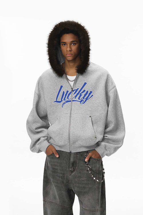 Faux-Fur Trim Boxy Zip Hoodie - Flower Gray