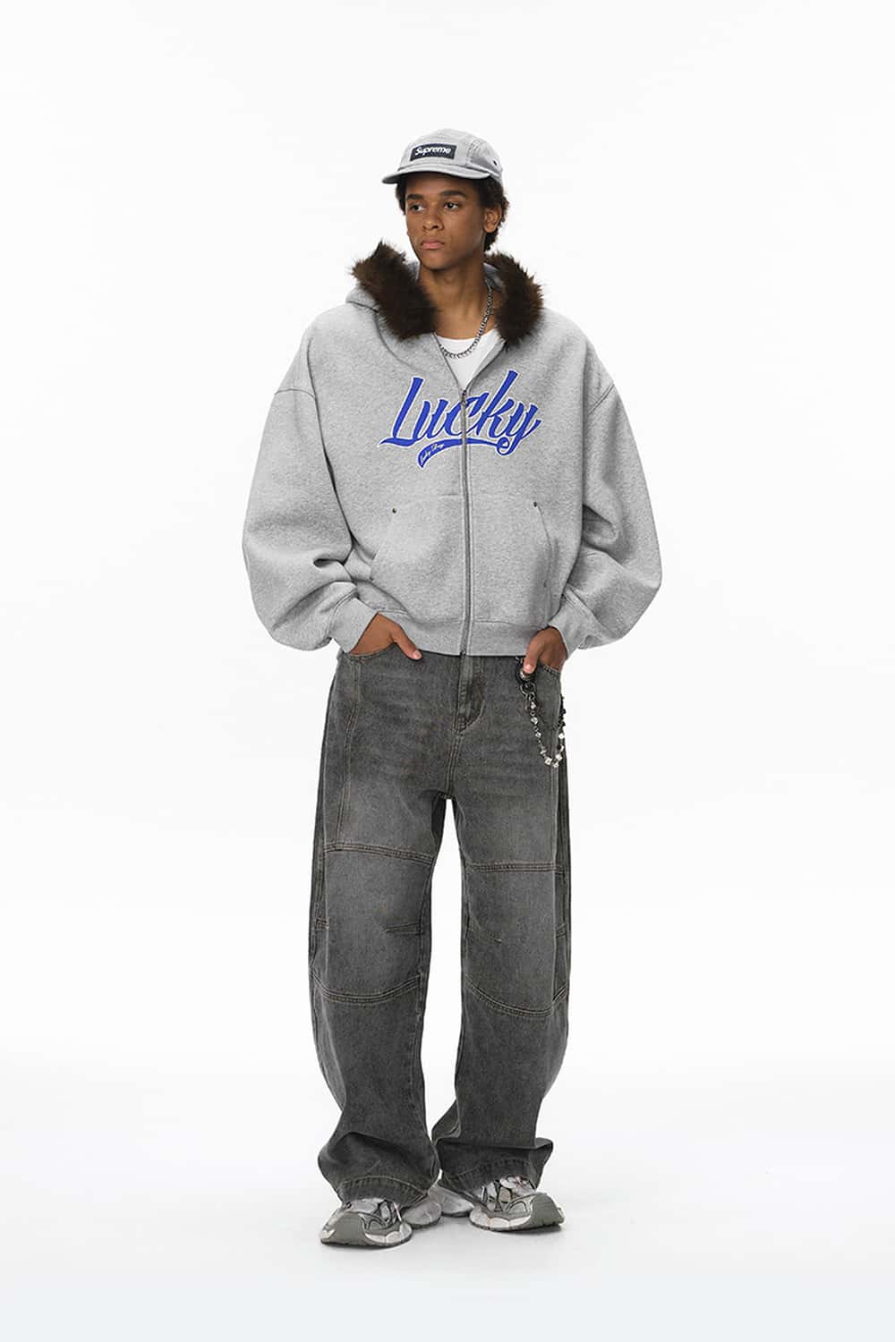 Faux-Fur Trim Boxy Zip Hoodie - Flower Gray