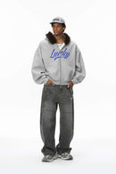 Faux-Fur Trim Boxy Zip Hoodie - Flower Gray