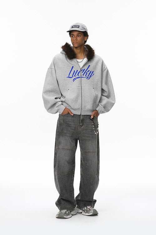 Faux-Fur Trim Boxy Zip Hoodie - Flower Gray