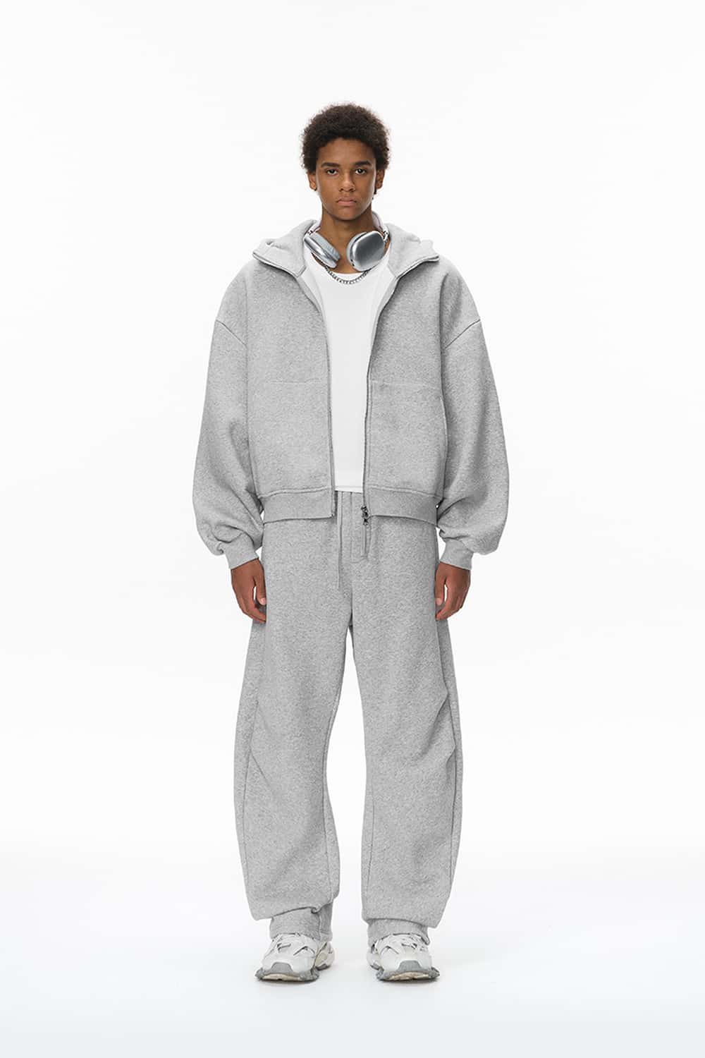 Boxy Fleece Zip Hoodie - Flower Gray