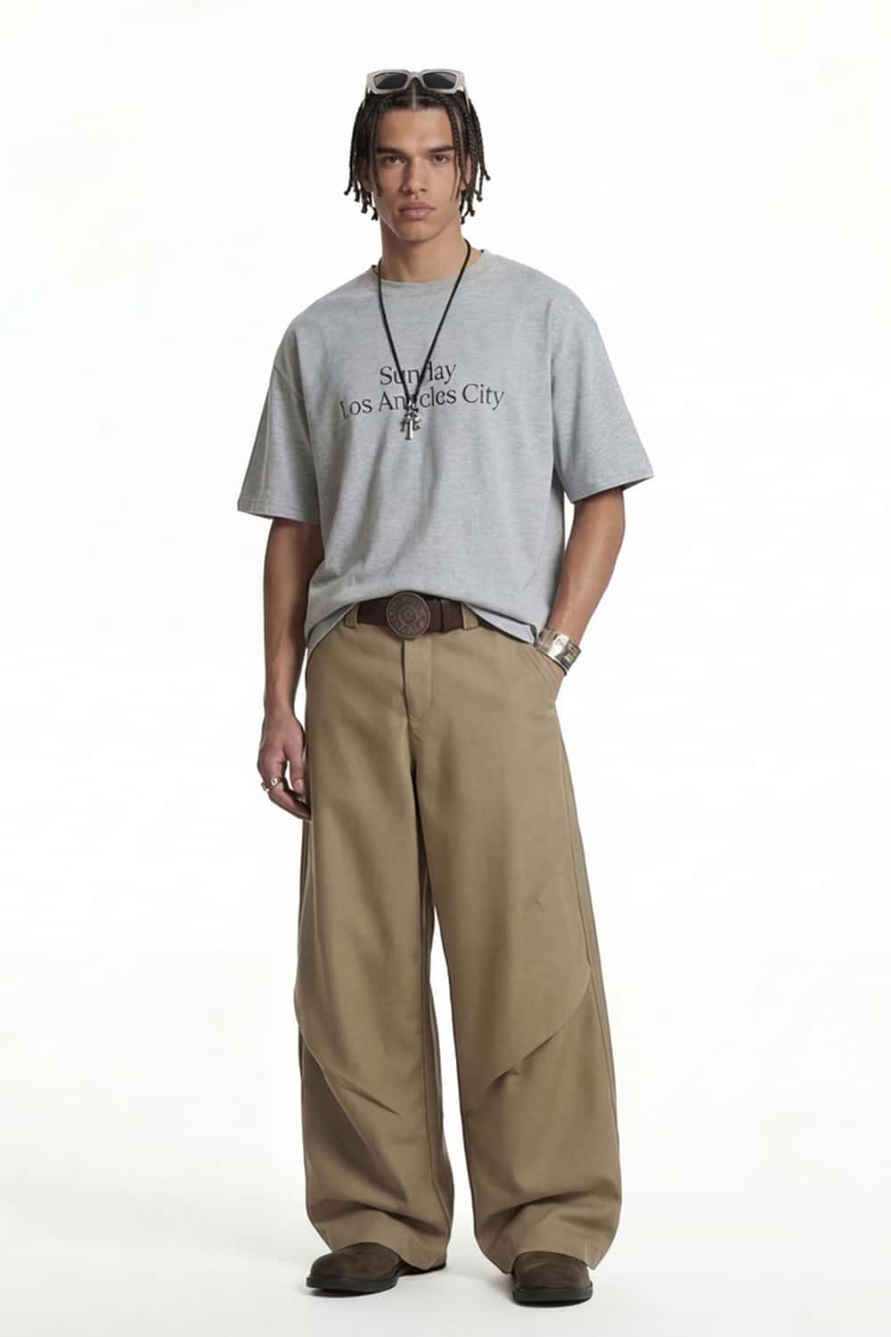 Curved Seam Wide-Leg Trousers - Dark Khaki