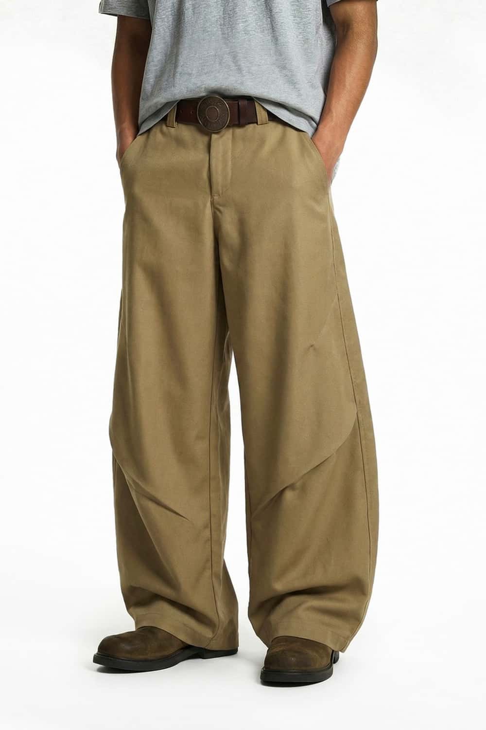 Curved Seam Wide-Leg Trousers - Dark Khaki