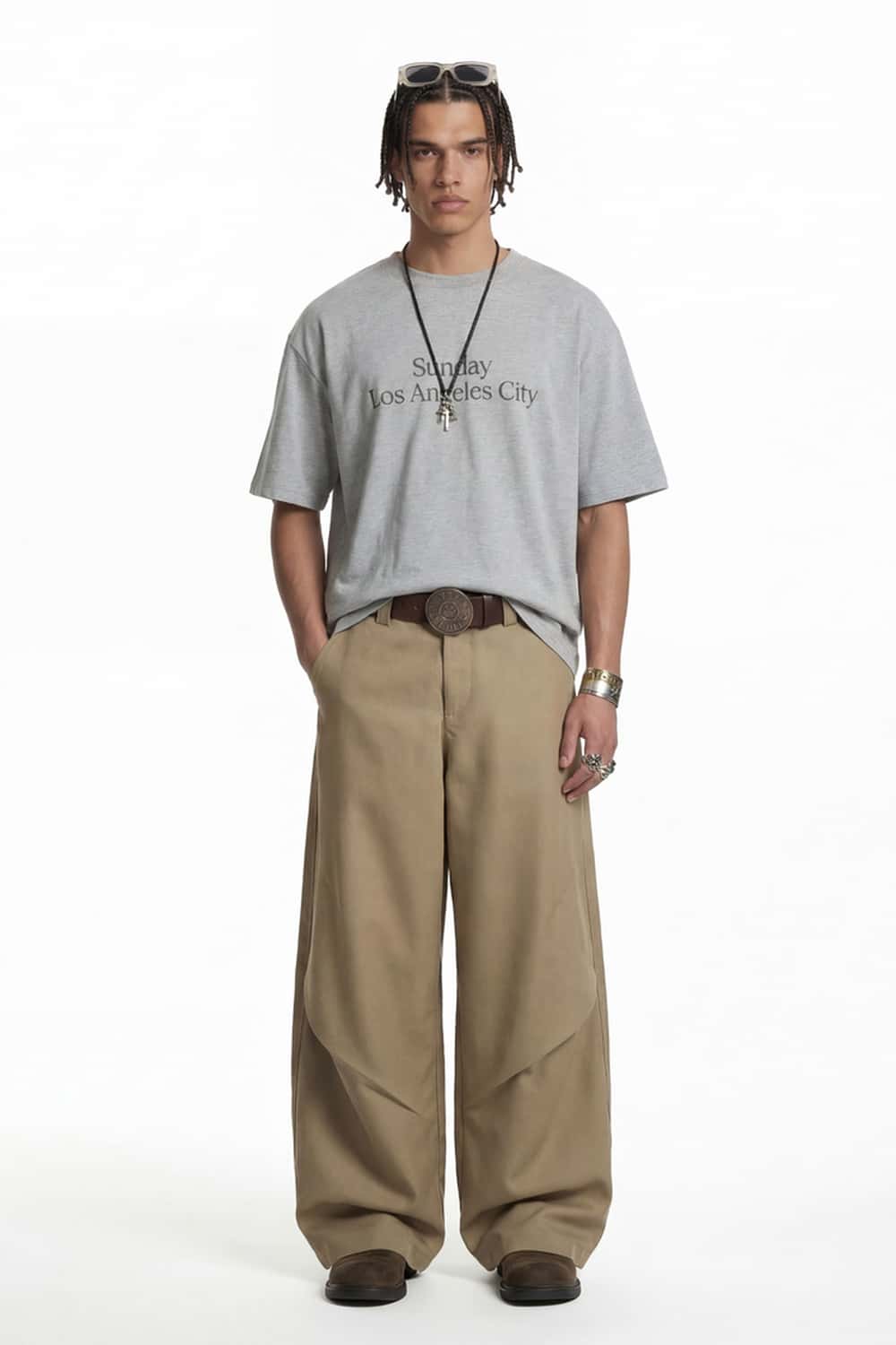 Curved Seam Wide-Leg Trousers - Dark Khaki