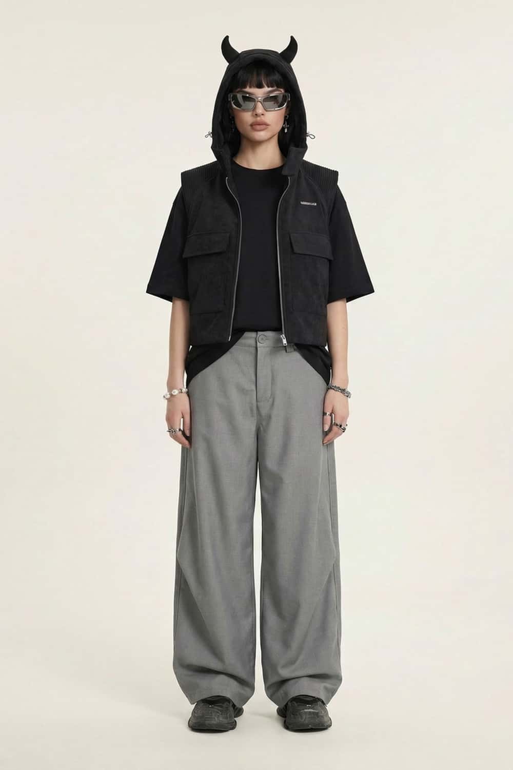 Curved Seam Wide-Leg Trousers - Gray