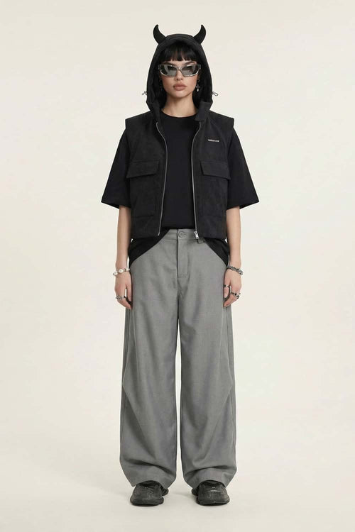 Curved Seam Wide-Leg Trousers - Gray