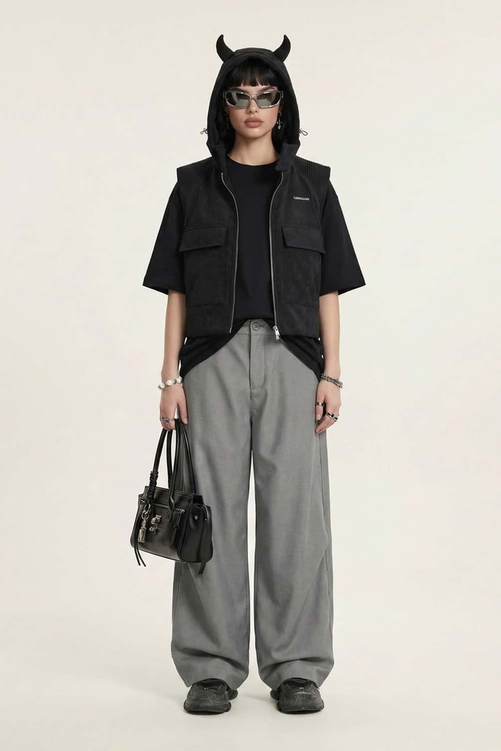 Curved Seam Wide-Leg Trousers - Gray