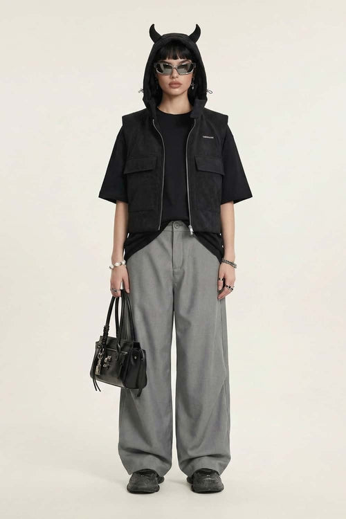 Curved Seam Wide-Leg Trousers - Gray