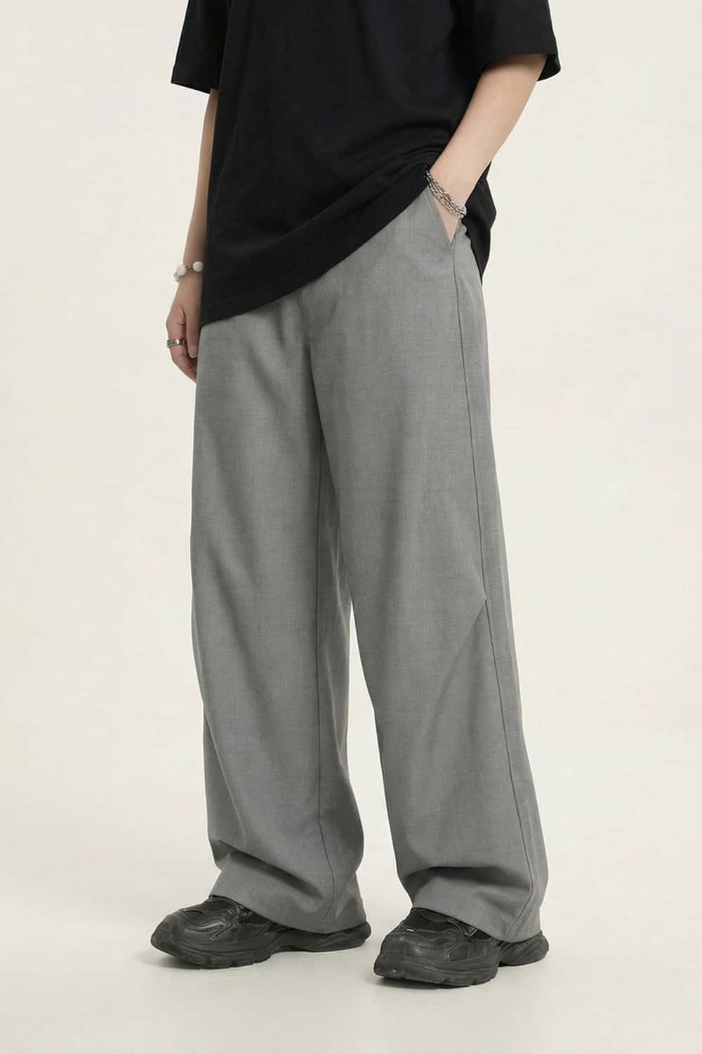 Curved Seam Wide-Leg Trousers - Gray