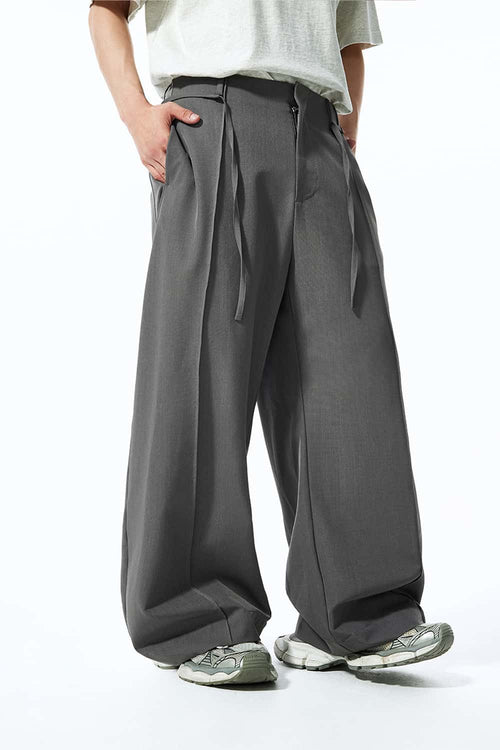 Belted Pleated Wide-Leg Trousers - Gray