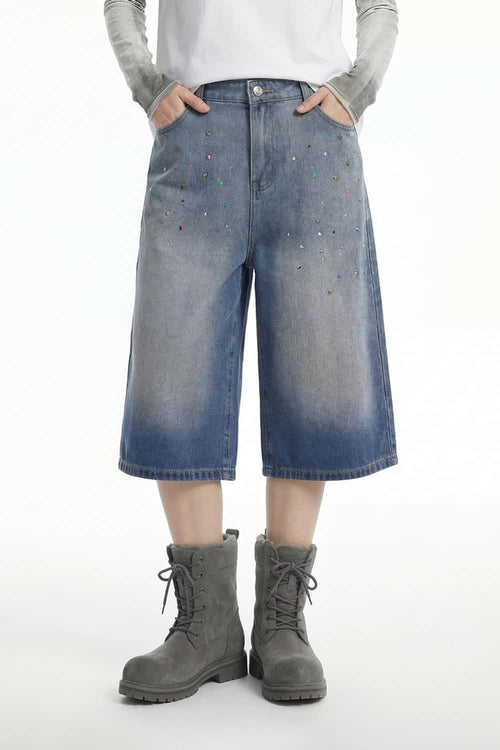 Rhinestone Washed Wide-Leg Denim Shorts - Blue