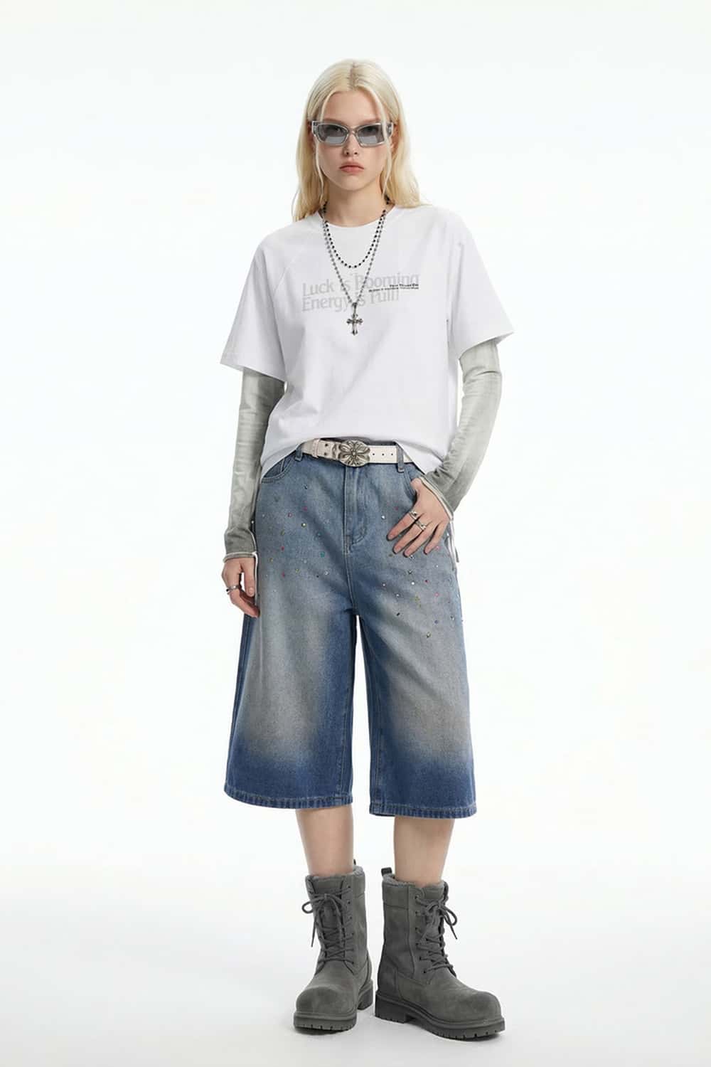 Rhinestone Washed Wide-Leg Denim Shorts - Blue