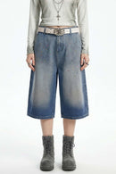 Rhinestone Washed Wide-Leg Denim Shorts - Blue