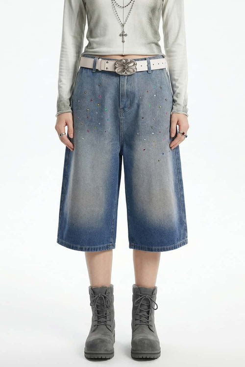 Rhinestone Washed Wide-Leg Denim Shorts - Blue