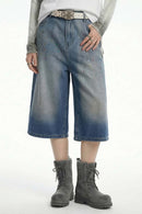 Rhinestone Washed Wide-Leg Denim Shorts - Blue