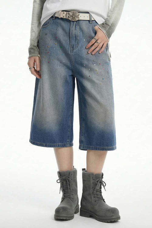 Rhinestone Washed Wide-Leg Denim Shorts - Blue