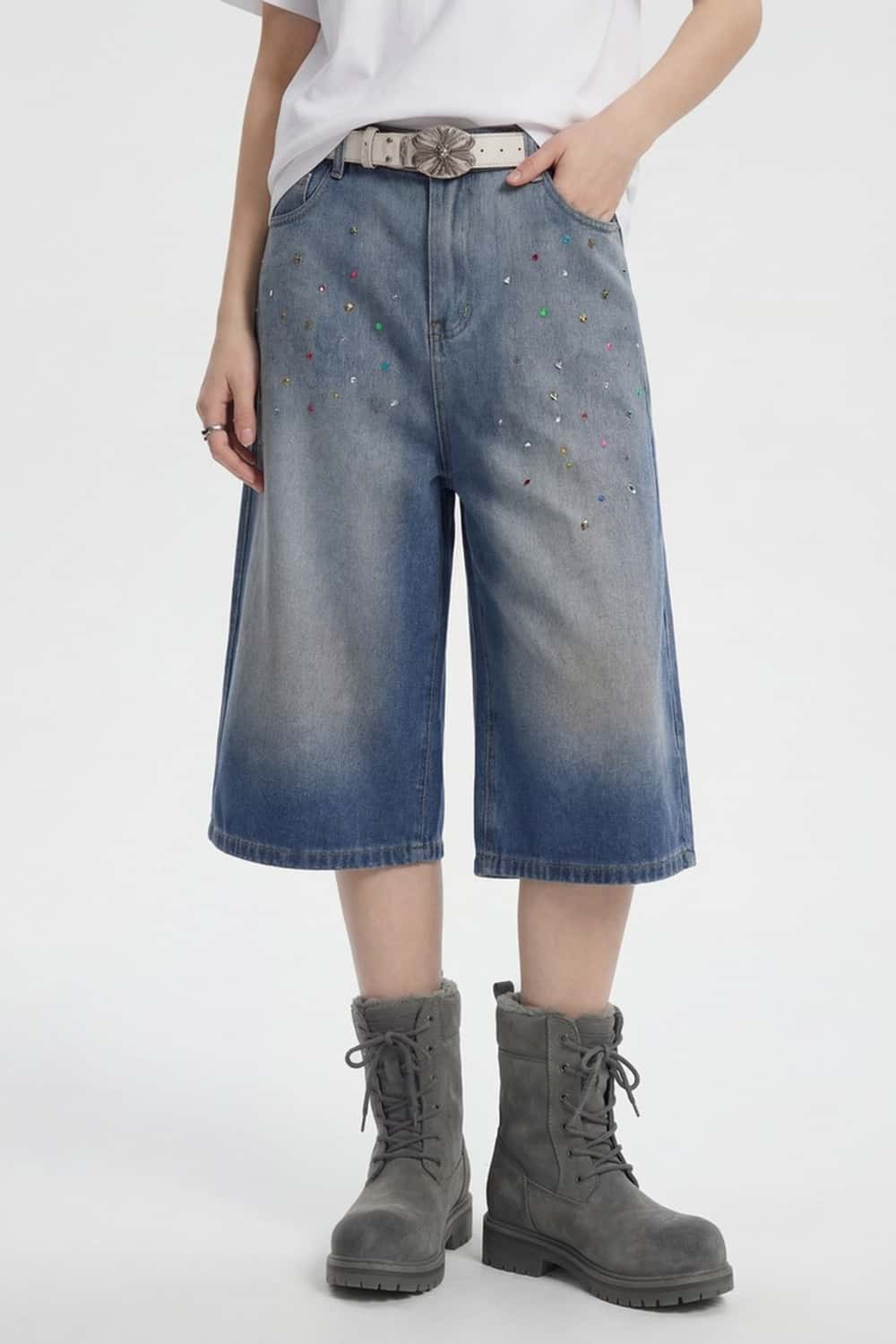 Rhinestone Washed Wide-Leg Denim Shorts - Blue