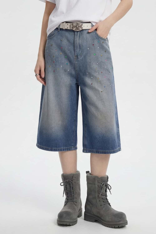 Rhinestone Washed Wide-Leg Denim Shorts - Blue
