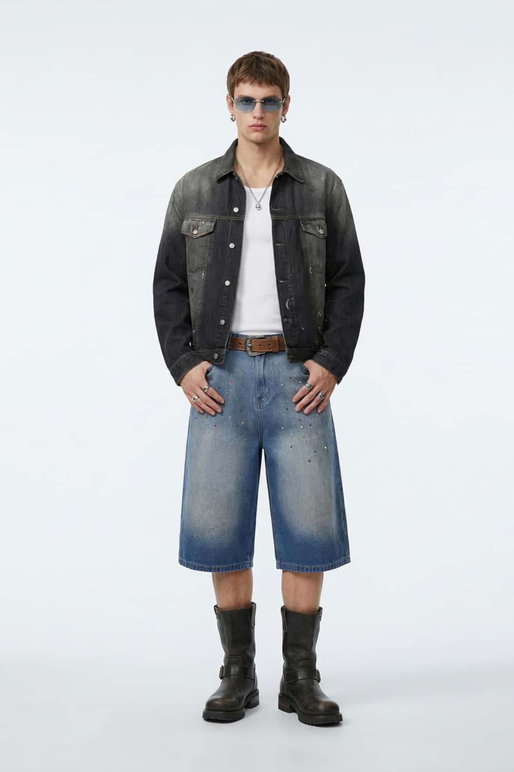 Rhinestone Washed Wide-Leg Denim Shorts - Blue