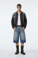 Rhinestone Washed Wide-Leg Denim Shorts - Blue