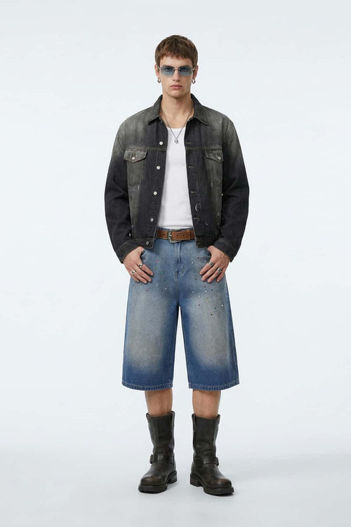 Rhinestone Washed Wide-Leg Denim Shorts - Blue