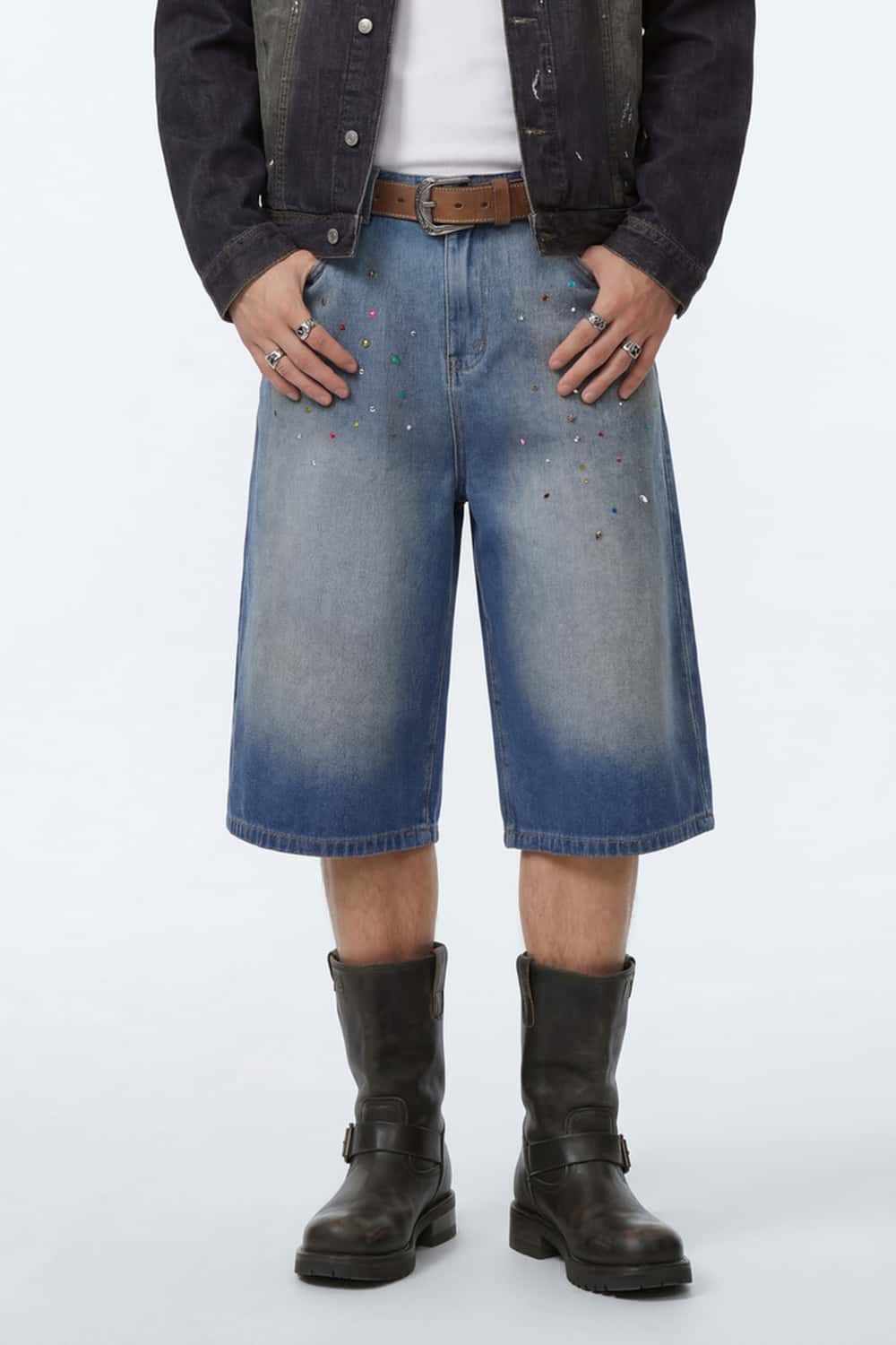 Rhinestone Washed Wide-Leg Denim Shorts - Blue