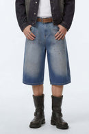 Rhinestone Washed Wide-Leg Denim Shorts - Blue