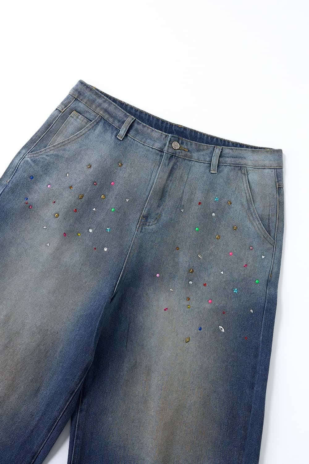 Rhinestone Washed Wide-Leg Denim Shorts - Blue