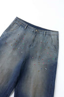 Rhinestone Washed Wide-Leg Denim Shorts - Blue