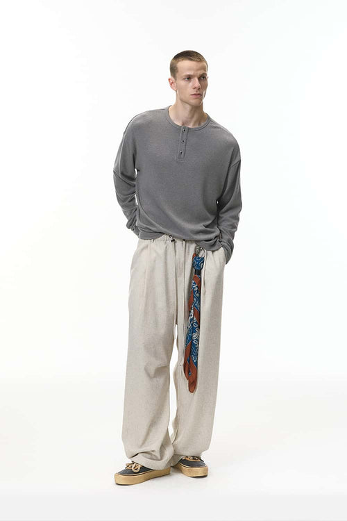 Relaxed Ribbed Henley Long Sleeve Tee - Flower Gray