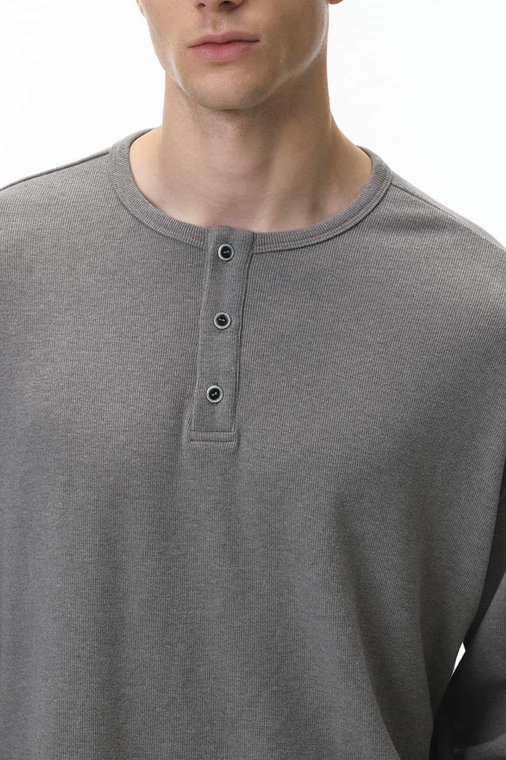 Relaxed Ribbed Henley Long Sleeve Tee - Flower Gray