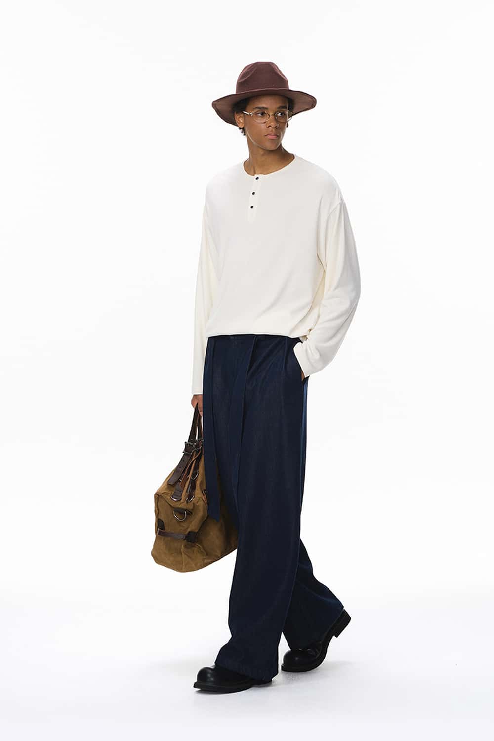 Relaxed Ribbed Henley Long Sleeve Tee - White
