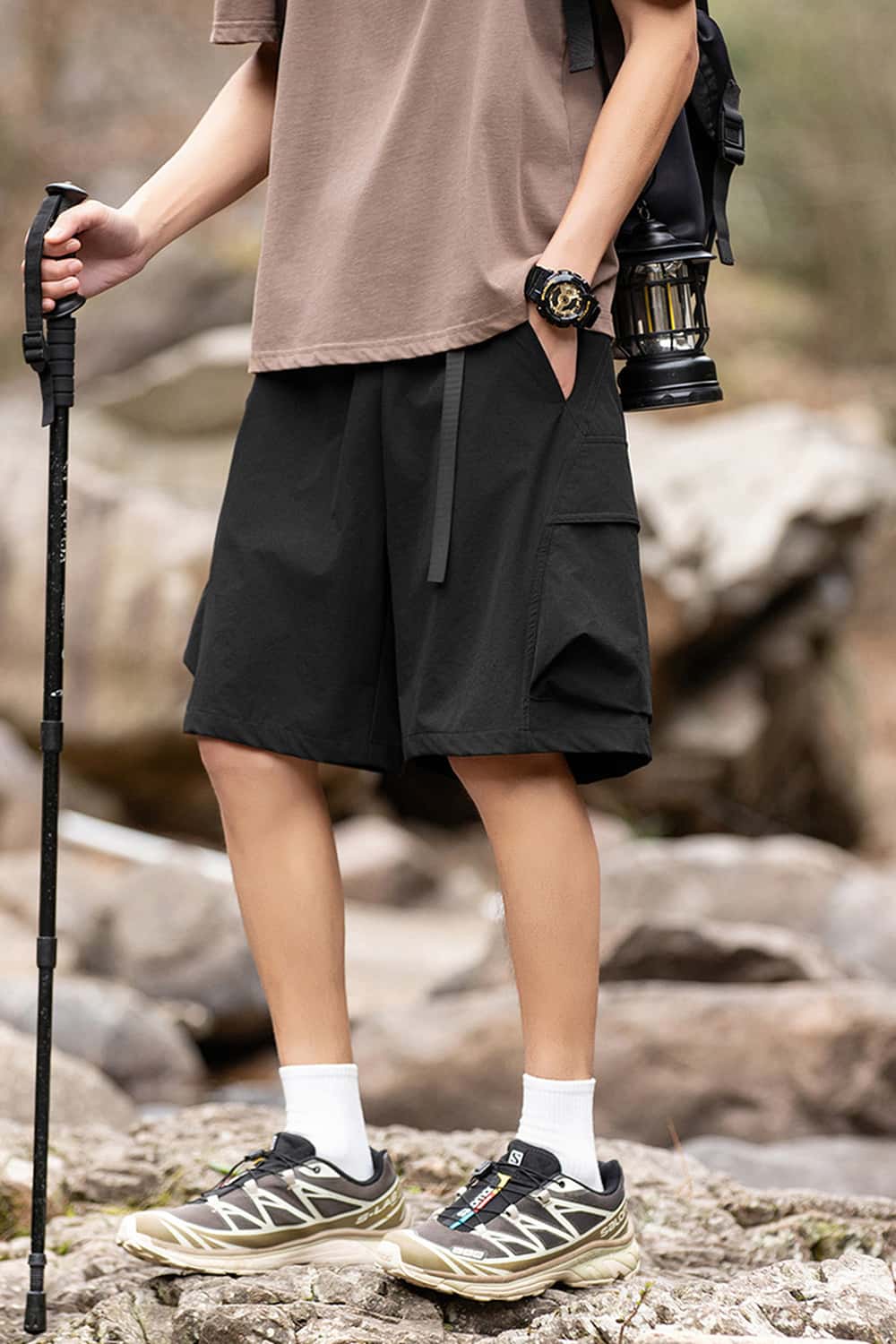 Water-Repellent Belted Hiking Shorts - Black