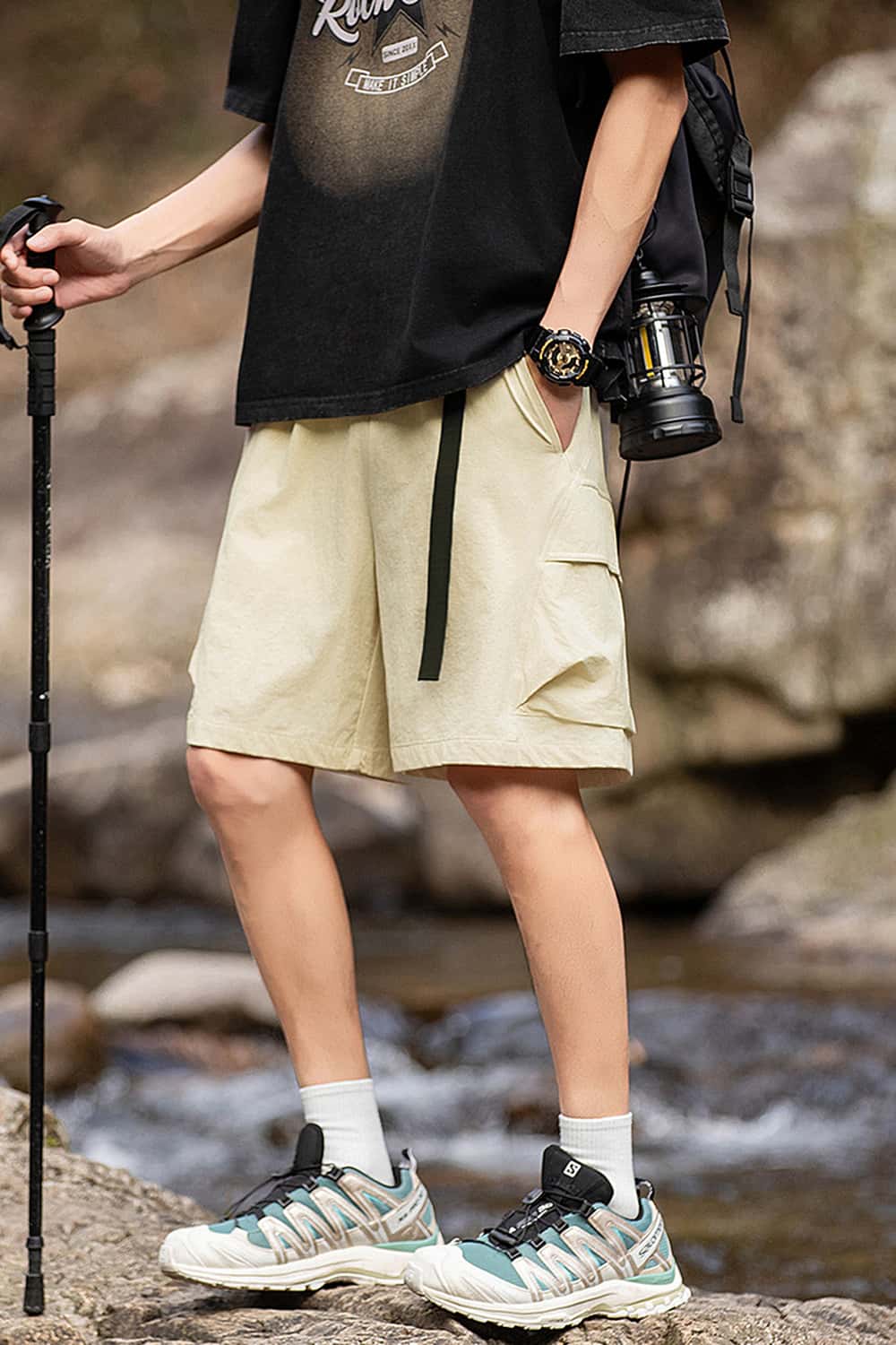Water-Repellent Belted Hiking Shorts - Khaki