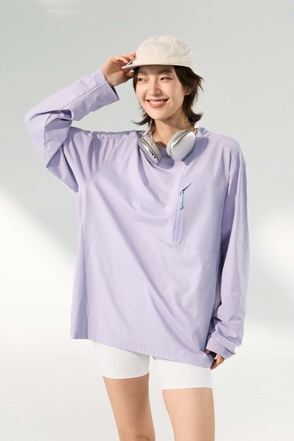 Quick-Dry Zip Pocket Long-Sleeve T-Shirt - Light Purple