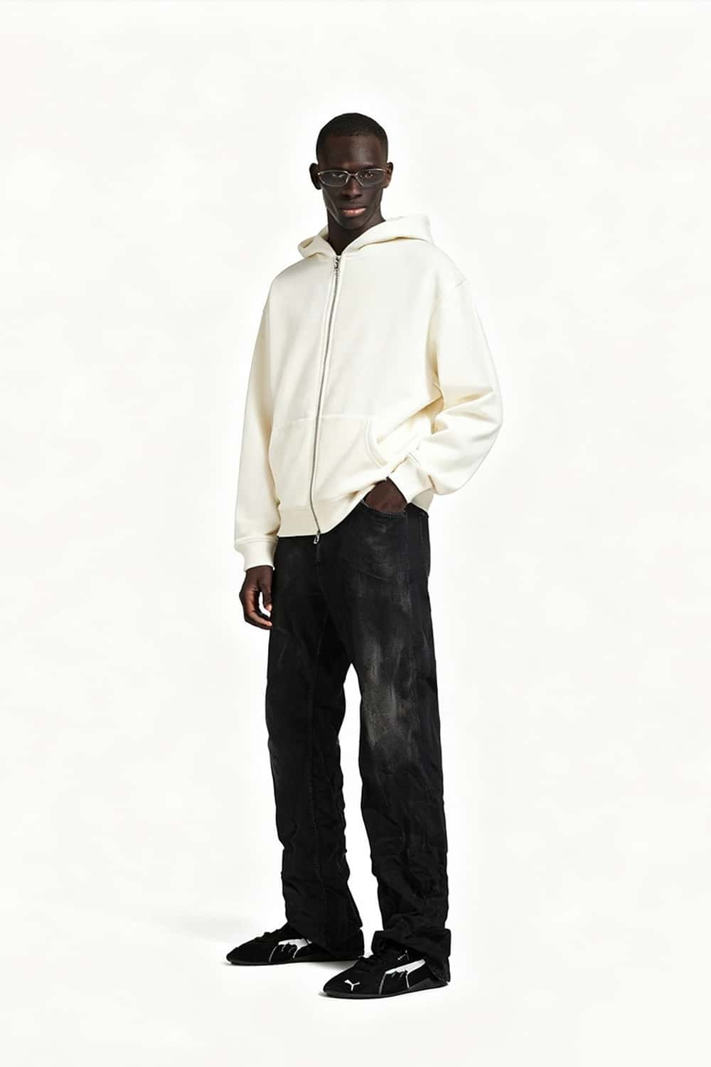 Relaxed Fleece Zip Hoodie - White