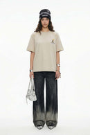 Contrast Stitch Graphic Loose T-Shirt - Apricot