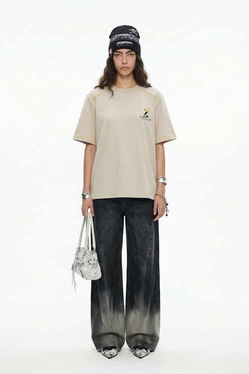 Contrast Stitch Graphic Loose T-Shirt - Apricot