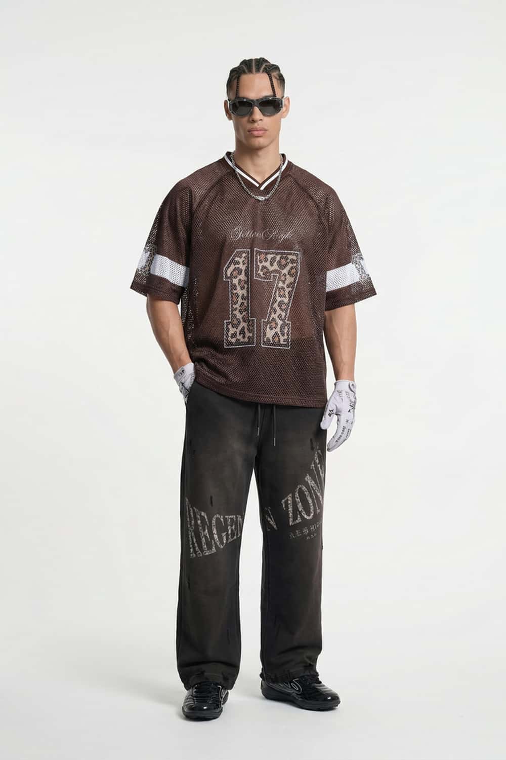 Mesh V-Neck Graphic Jersey - Brown