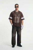Mesh V-Neck Graphic Jersey - Brown