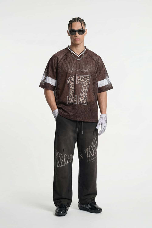 Mesh V-Neck Graphic Jersey - Brown