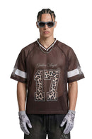 Mesh V-Neck Graphic Jersey - Brown