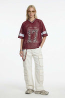 Mesh V-Neck Graphic Jersey - Red