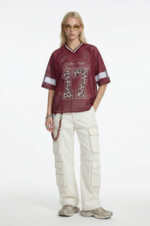 Mesh V-Neck Graphic Jersey - Red