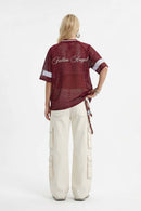 Mesh V-Neck Graphic Jersey - Red