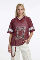 Mesh V-Neck Graphic Jersey - Red