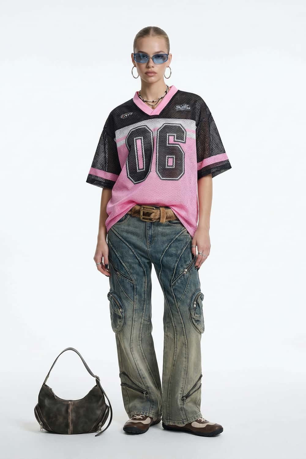 Mesh Number Graphic V-Neck Jersey - Pink