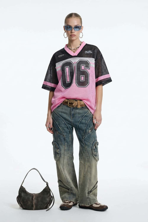 Mesh Number Graphic V-Neck Jersey - Pink