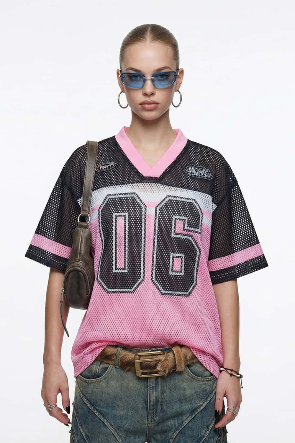 Mesh Number Graphic V-Neck Jersey - Pink